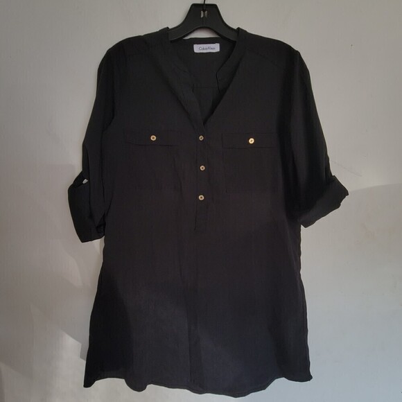 Calvin Klein Black Rolled Tab Long Sleeve Silky Texture V Neck Blouse Sz Medium - Picture 1 of 12